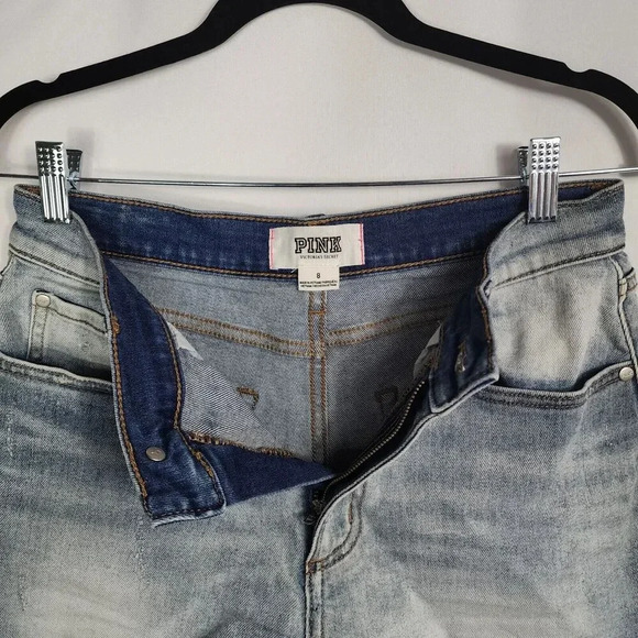 VS Pink Hi Waisted Cut Off Denim Shorts Women Sz 8 Blue Distressed 1.5" Inseam - Picture 4 of 7